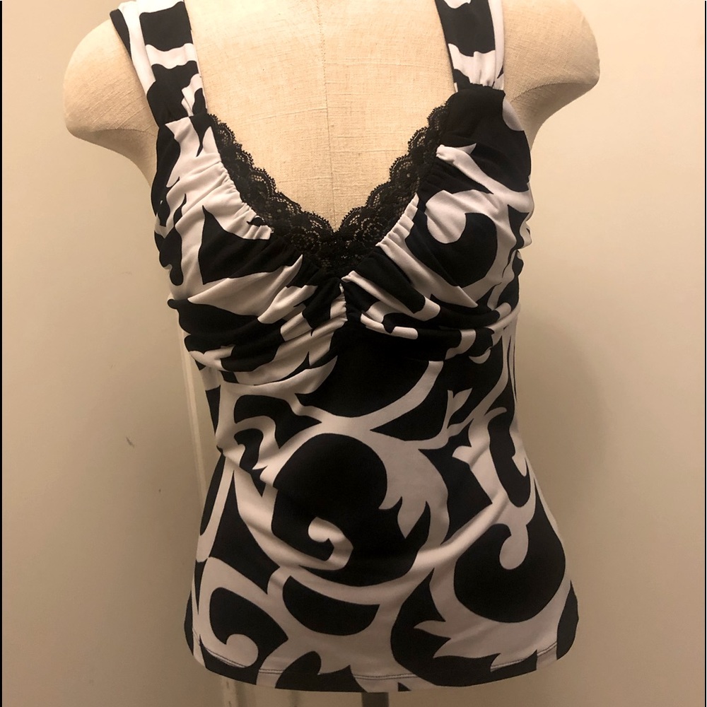 WHBM Black and White Lace Detail Top